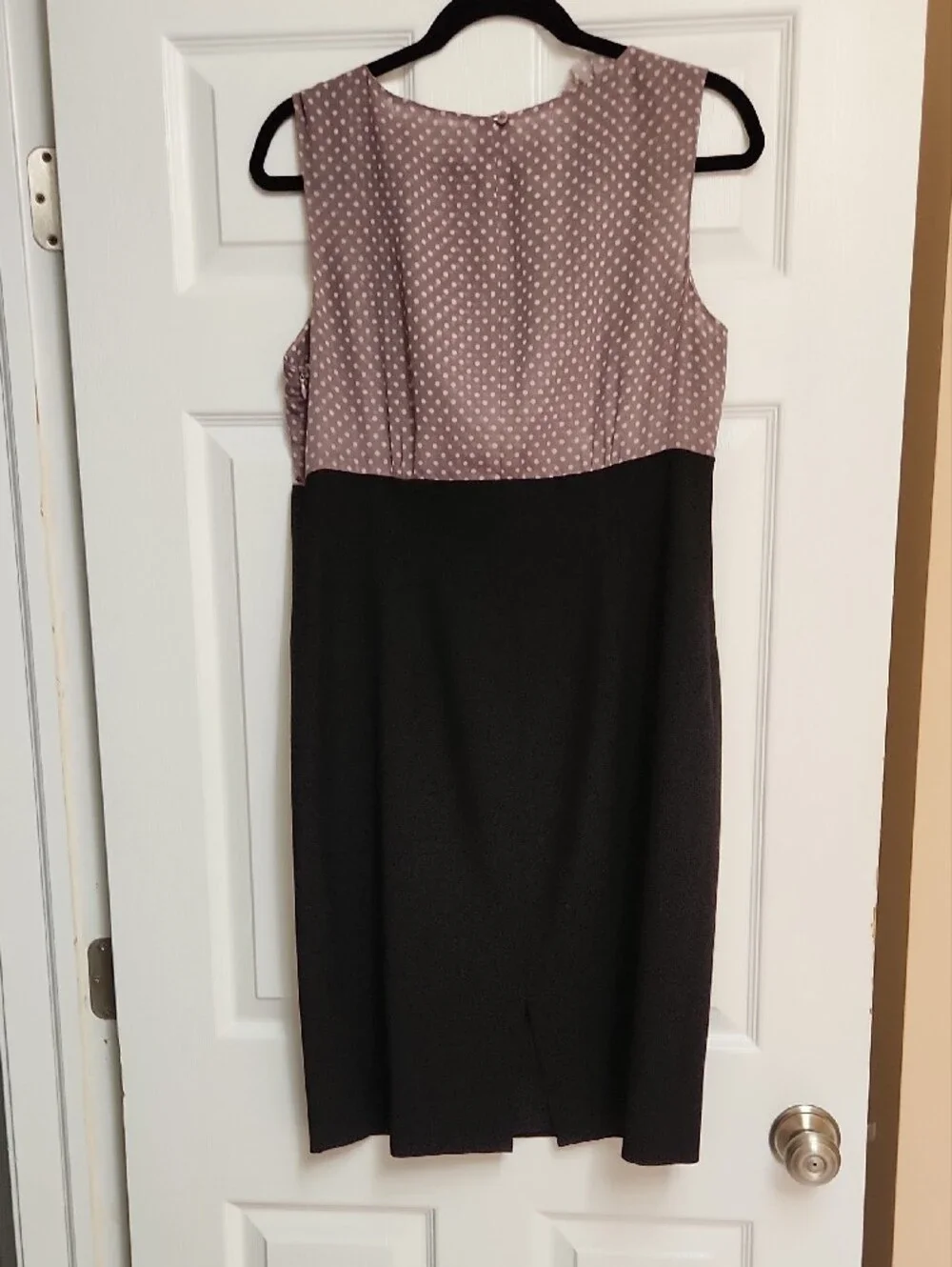 Anne Klein Black & Taupe Polka Dot Ruffle Sheath Midi Dress